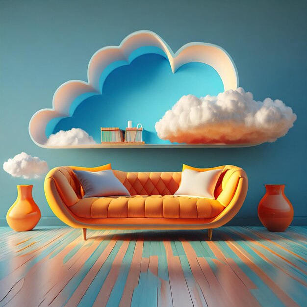 Photo rendering 3d d'un intérieur de salon moderne avec un canapé de conception nuageux canapé en forme de nuages cr