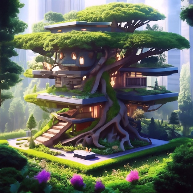 Rendering 3D d'un jardin fantastique dans une ville moderne avec des arbres