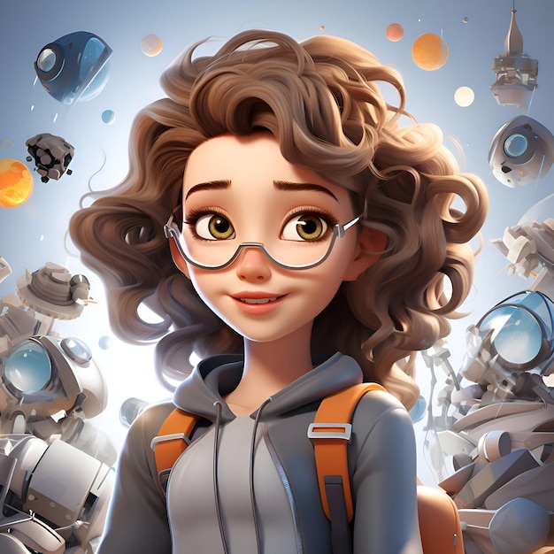 Rendering 3D d'une jolie fille de dessin animé en costume spatial avec des éléments spatiaux