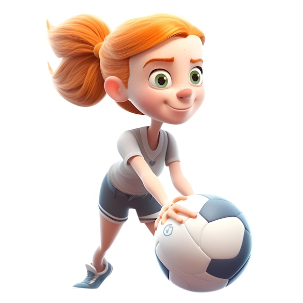 Rendering 3D d'une jolie fille de dessin animé jouant au football sur un fond blanc isolé