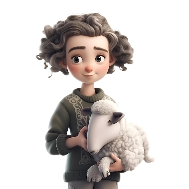 Rendering 3D d'une jolie fille de dessin animé avec un mouton sur un fond blanc