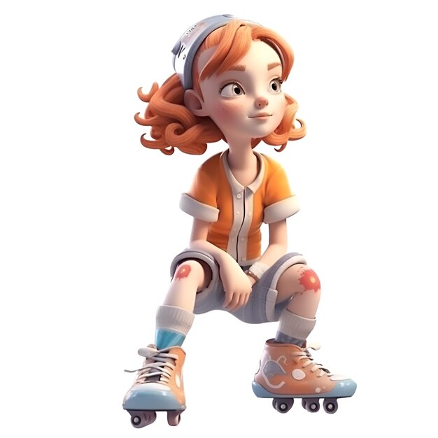 Rendering 3D d'une jolie fille de dessin animé sur des patins à roulettes