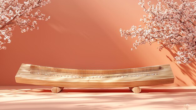 Photo rendering 3d d'un koto en bois avec des fleurs de cerisier en arrière-plan