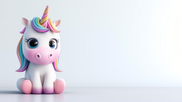 Photo rendering 3d d'une licorne mignonne et colorée assise sur un fond blanc