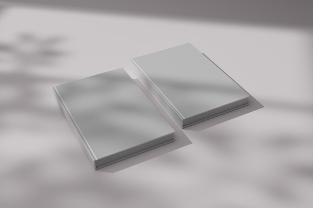 Rendering 3D d'un livre blanc blanc avec l'ombre de la fenêtre et des branches d'arbres pour la conception de la maquette
