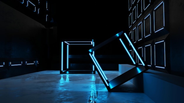Photo rendering 3d les lumières au néon brillent en bleu dans le sous-sol, le sol en béton noir, une pièce vide moderne du futur abstrait.