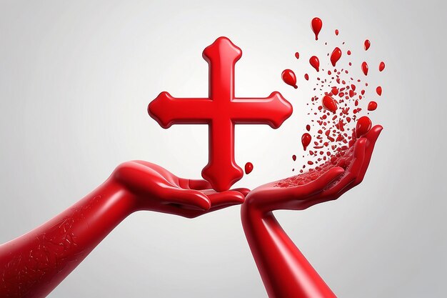 Photo rendering 3d de la main tenant une goutte de sang avec un signe de croix rouge en arrière-plan bannière carte affiche concept de la journée mondiale du don de sang