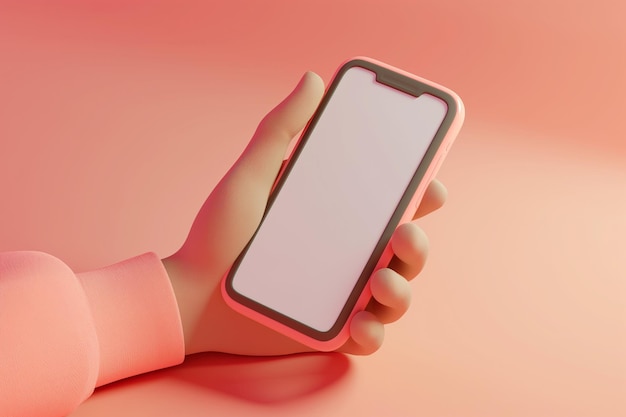 Rendering 3D d'une main tenant un téléphone avec écran blanc Maquette de main de dessin animé tenant un smartphone Scène minimale avec appareil sur fond pastel avec modèle de téléphone d'écran d'espace de copie