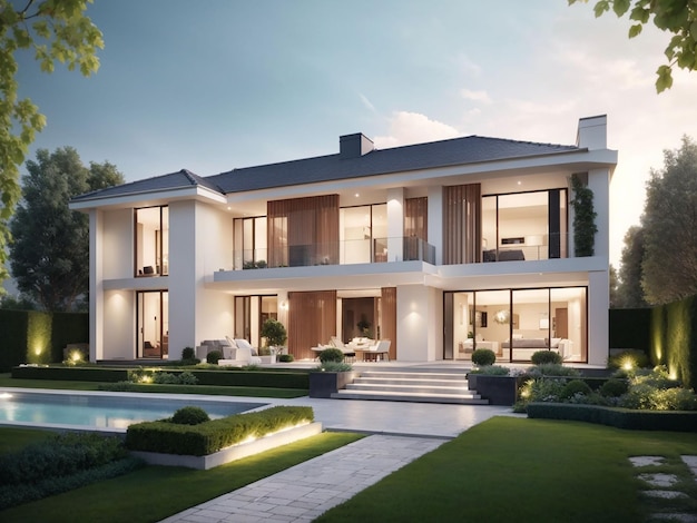 Rendering 3D d'une maison classique moderne avec un jardin de luxe