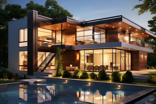Rendering 3D d'une maison moderne et confortable avec piscine et parking à vendre ou à louer dans un style luxueux et beau