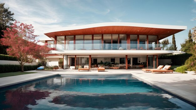 Photo rendering 3d d'une maison moderne et confortable avec piscine et parking à vendre ou à louer une journée d'été ensoleillée