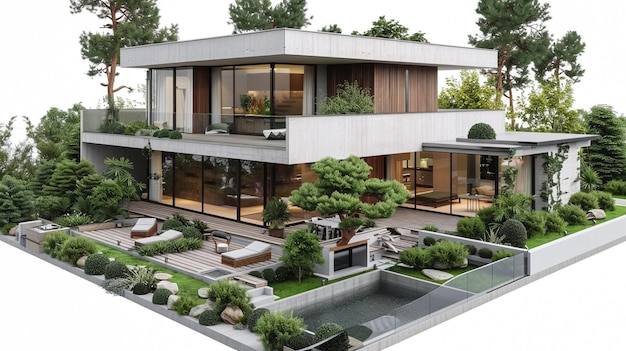 Rendering 3D d'une maison moderne à deux étages avec des accents gris et en bois de grandes fenêtres espace de stationnement en t