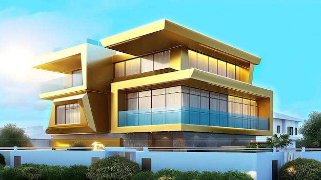 Photo rendering 3d de la maison d'or et du modèle des bâtiments