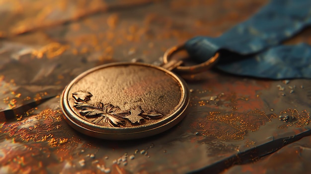 Photo rendering 3d d'une médaille d'or avec un ruban bleu sur une surface réfléchissante la médaille a un motif floral sur elle