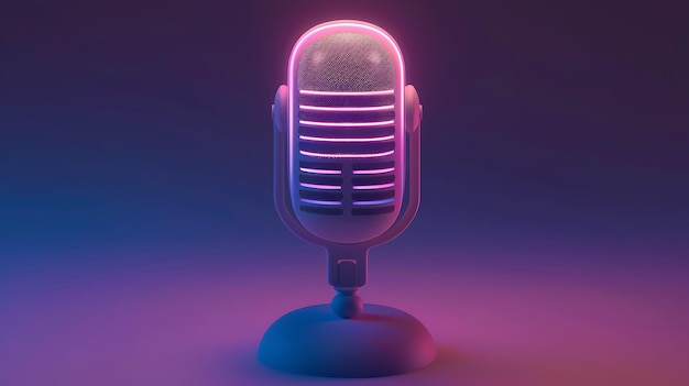 Rendering 3D d'un microphone rétro avec des lumières au néon roses et bleues Le microphone est sur un support bleu et a un corps argenté