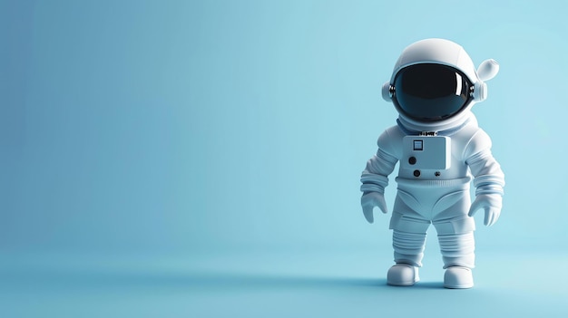 Rendering 3D d'un mignon astronaute dans une combinaison spatiale blanche sur un fond bleu