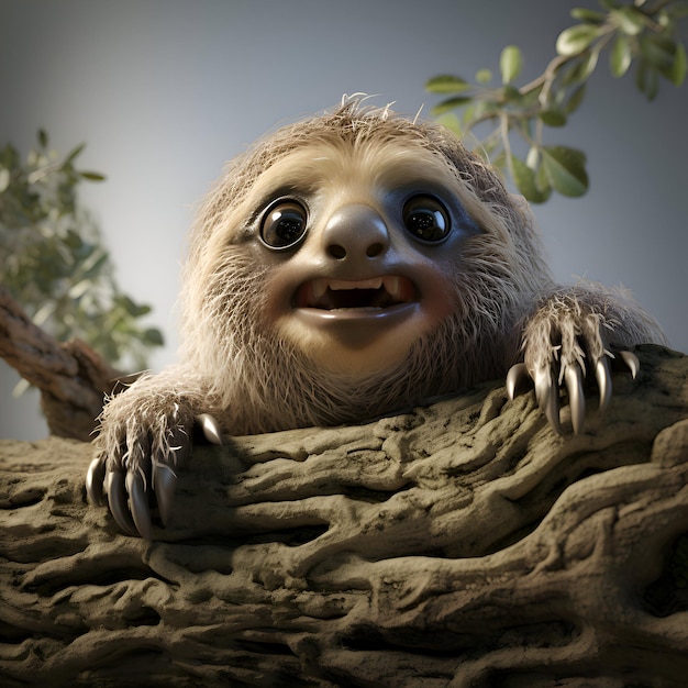 Rendering 3D d'un mignon bébé paresseux sur un arbre