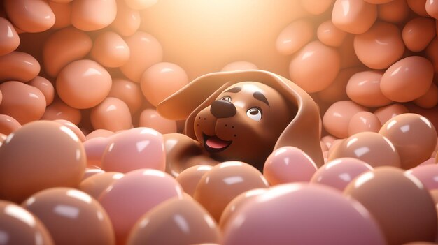 Rendering 3D d'un mignon chien entouré de nombreux œufs rouges