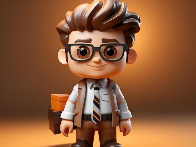 Photo rendering 3d d'un mignon garçon avec une mallette et des lunettes