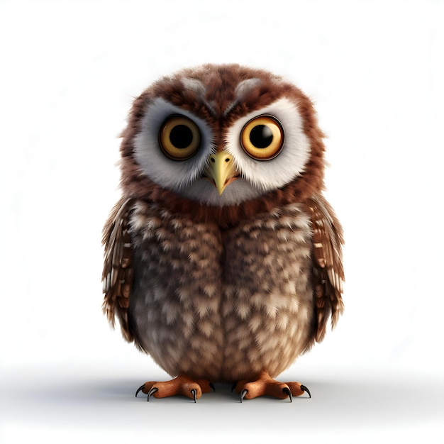 Rendering 3D d'un mignon hibou assis sur un fond blanc