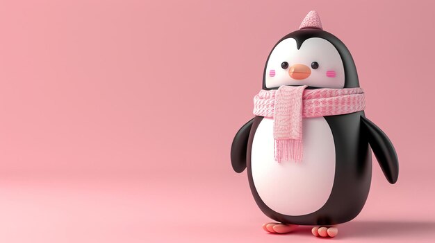 Photo rendering 3d d'un mignon pingouin portant un chapeau et une écharpe roses sur un fond rose