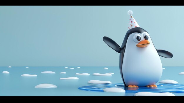 Photo rendering 3d d'un mignon pingouin portant un chapeau de fête debout sur un bloc de glace au milieu d'un océan gelé