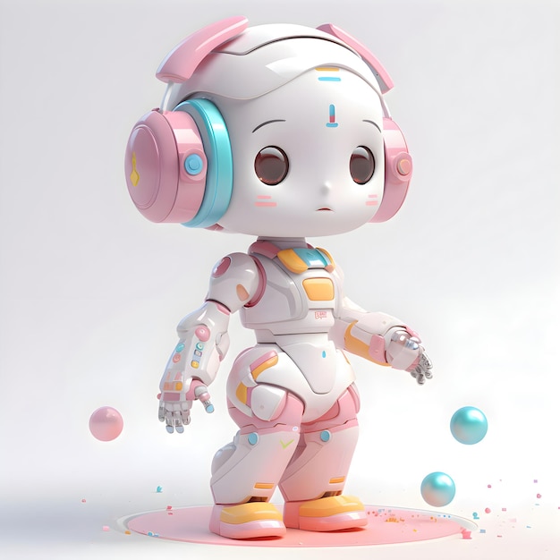 Rendering 3D d'un mignon robot écoutant de la musique avec des écouteurs