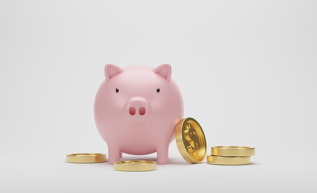 Rendering 3D Monnaies d'or d'un dollar avec une tirelire rose sur fond blanc Idée pour les affaires financières et l'épargne