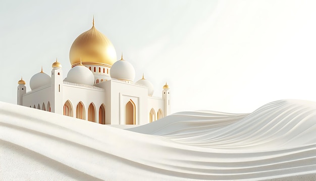 Rendering 3D de la mosquée blanche et dorée et du désert de sable blanc
