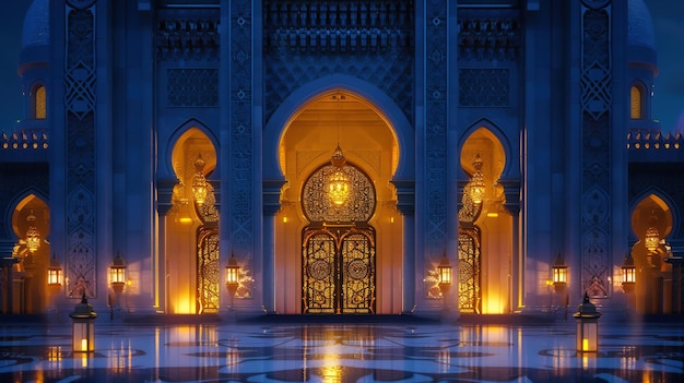 Rendering 3D d'une mosquée magnifiquement éclairée sous le ciel nocturne du Ramadan avec des détails architecturaux complexes et des lanternes lumineuses entourant l'entrée accueillant les fidèles
