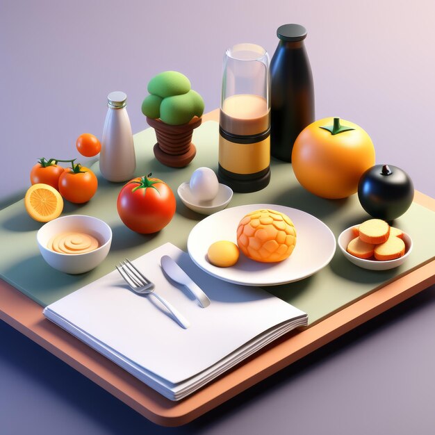 Photo rendering 3d de la nourriture et de la scène de la cuisine