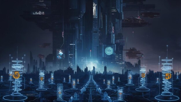 Photo rendering 3d de la nuit cyber punk concept de paysage de la ville lumière brillant sur la scène sombre vie nocturne technol