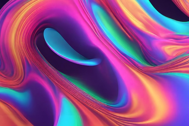 Rendering 3D d'une onde courbe au néon holographique irisante abstraite en mouvement avec des couleurs