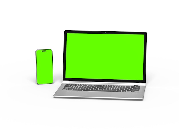 Rendering 3D de l'ordinateur portable et du téléphone avec écran vert sur un fond clair