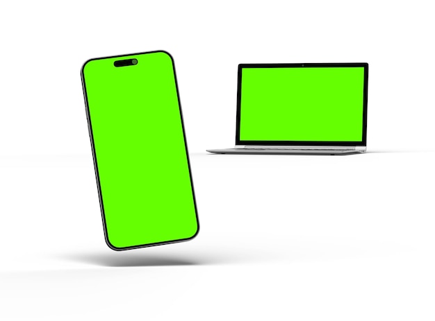Rendering 3D de l'ordinateur portable et du téléphone avec écran vert sur un fond clair