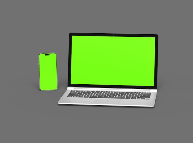 Rendering 3D de l'ordinateur portable et du téléphone avec écran vert sur un fond sombre