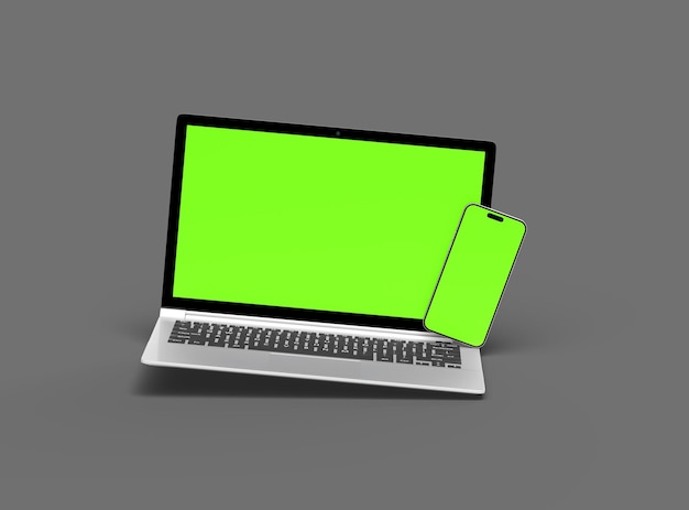 Rendering 3D de l'ordinateur portable et du téléphone avec écran vert sur un fond sombre