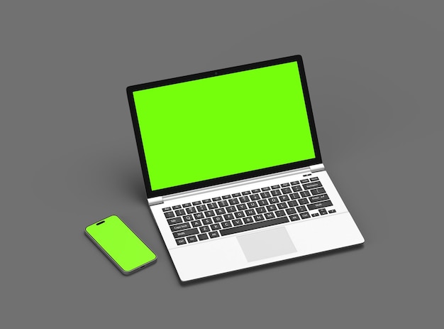Rendering 3D de l'ordinateur portable et du téléphone avec écran vert sur un fond sombre