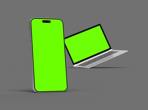 Rendering 3D de l'ordinateur portable et du téléphone avec écran vert sur un fond sombre