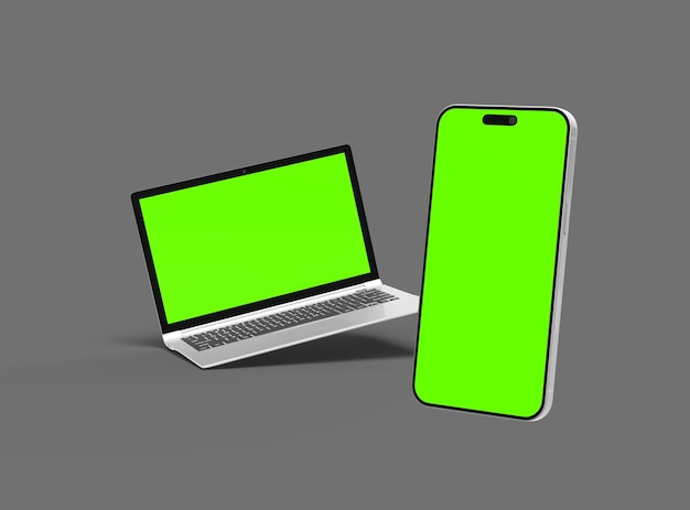 Rendering 3D de l'ordinateur portable et du téléphone avec écran vert sur un fond sombre