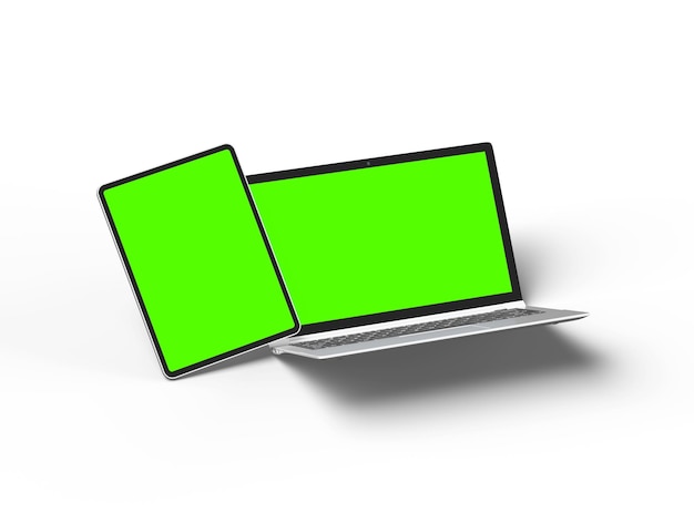 Rendering 3D d'un ordinateur portable et d'une tablette avec un écran vert sur un fond clair