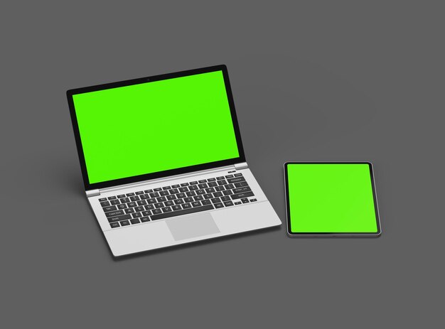 Rendering 3D d'un ordinateur portable et d'une tablette avec un écran vert sur un fond sombre