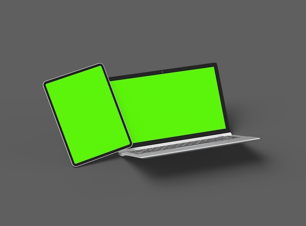 Rendering 3D d'un ordinateur portable et d'une tablette avec un écran vert sur un fond sombre