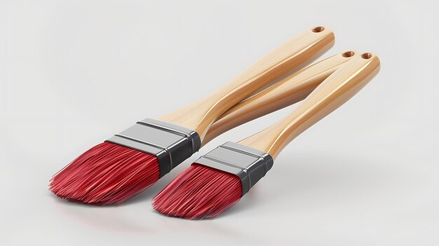 Photo rendering 3d d'une paire de pinceaux à poils rouges et de poignées en bois naturel les pinceaux sont posés sur une surface blanche