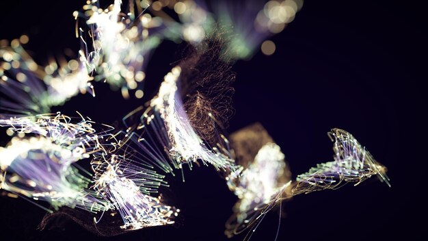 Rendering 3D d'une particule abstraite colorée et d'un système de plexus élégant sur un fond sombre