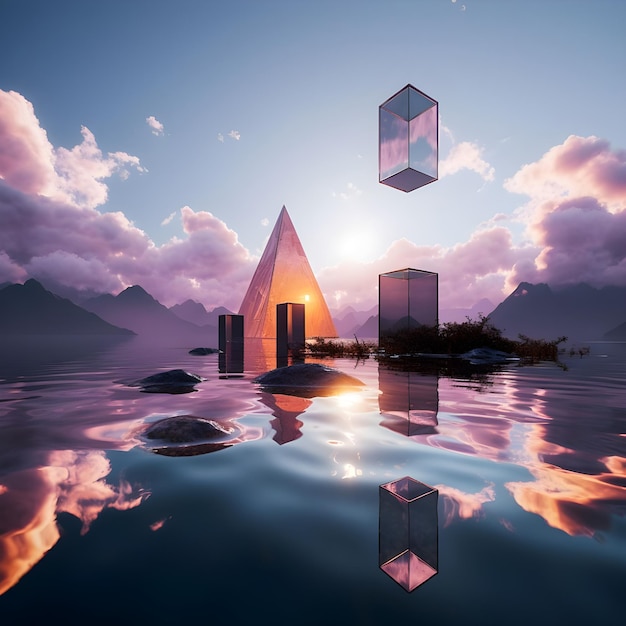 Rendering 3D d'un paysage futuriste avec des cubes flottants dans l'eau