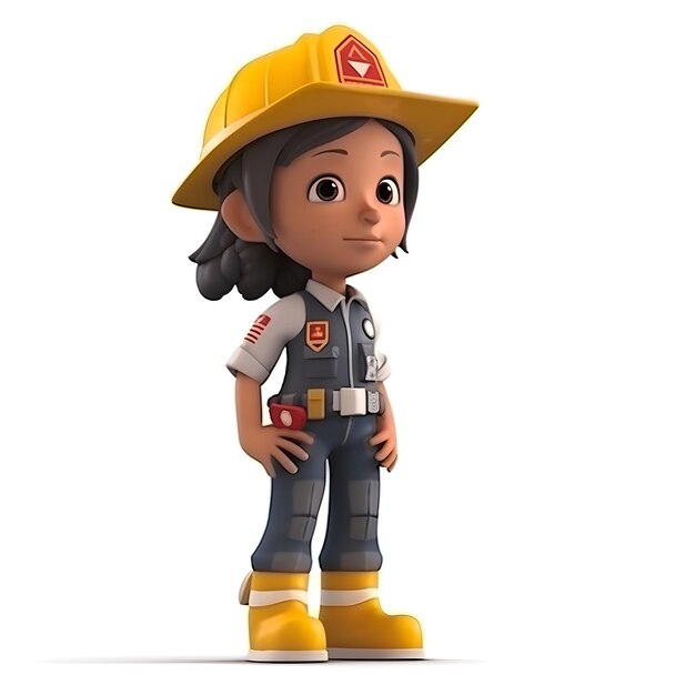 Rendering 3D d'un personnage de dessin animé avec un chapeau de pompier et un uniforme