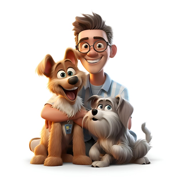 Rendering 3D d'un personnage de dessin animé avec un chien et Jack Russell