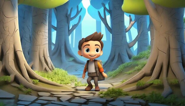 Rendering 3D d'un personnage de dessin animé explorant comme une forêt