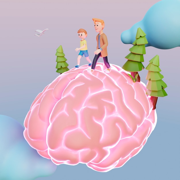 Rendering 3D de personnes qui marchent sur le cerveau humain